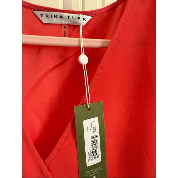 NWT Trina Turk, Zest Shirt Sleeve Belted Faux Wrap Dress in coral color Size 10 - Picture 9 of 9